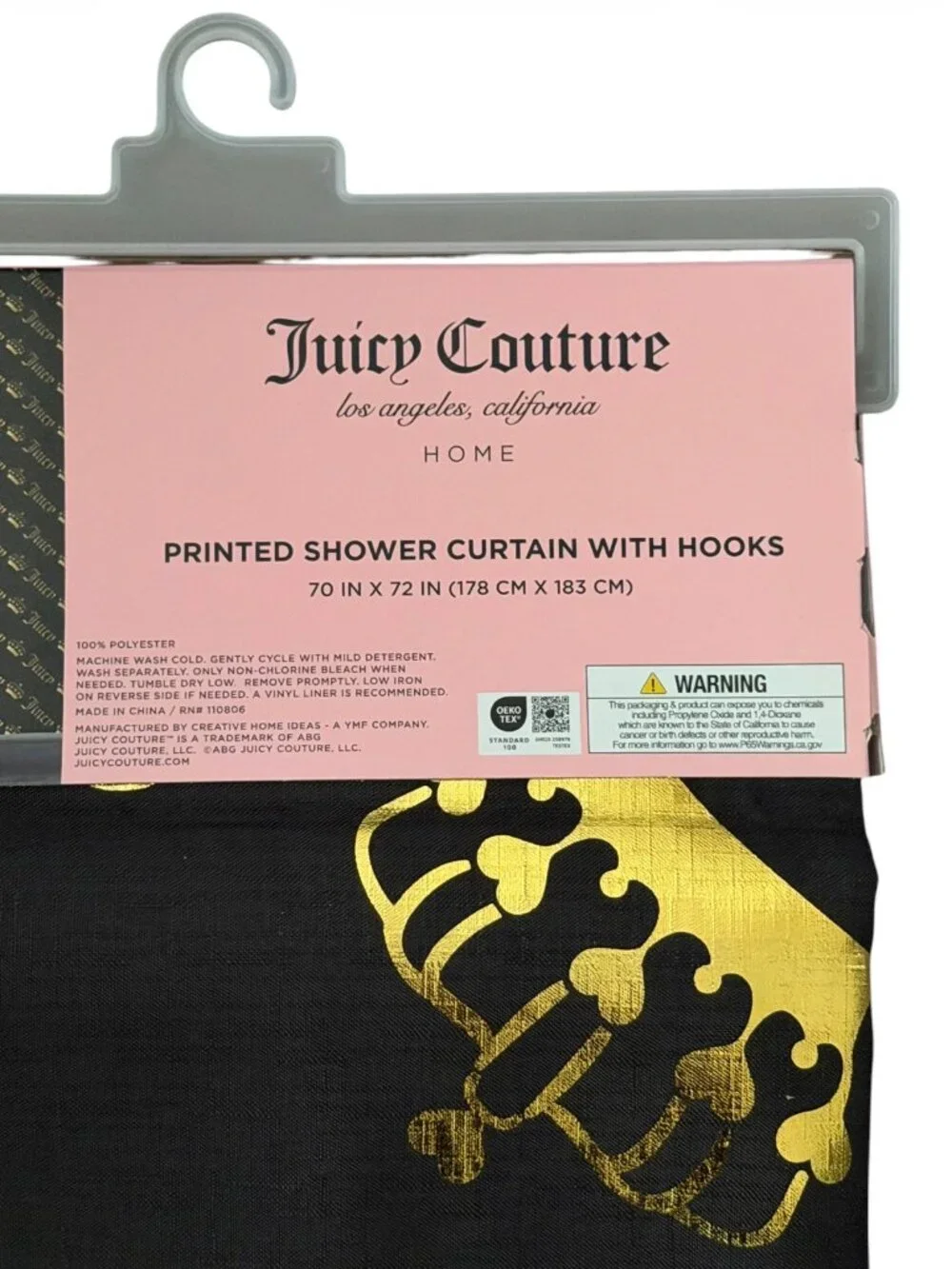 Juicy Couture Black & Gold Shower Curtain with Hooks | NEW